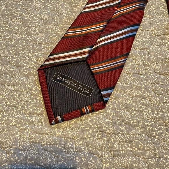 Ermenegildo Zegna Tie Repp Necktie Stripes Red Blue & Orange Silk 59” x 3.5” - Picture 4 of 9